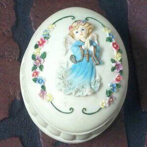 VTG 2001 trinket box angel little girl jewelry box resin ivory blue pink Oval